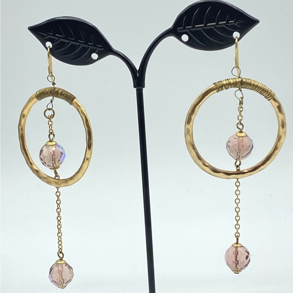 Hammered Gold Tone Hoop Earrings AB Pink Crystal Drop Bohemian Chic Boho Dangle - Picture 2 of 7